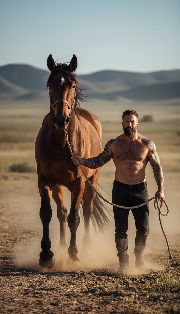 Hyper-realistic cinematic photograph of man and powerful horse AI image template preview