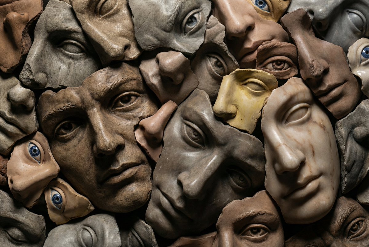 Hyperrealistic Sculptural Collage of Fragmented Faces AI image template preview