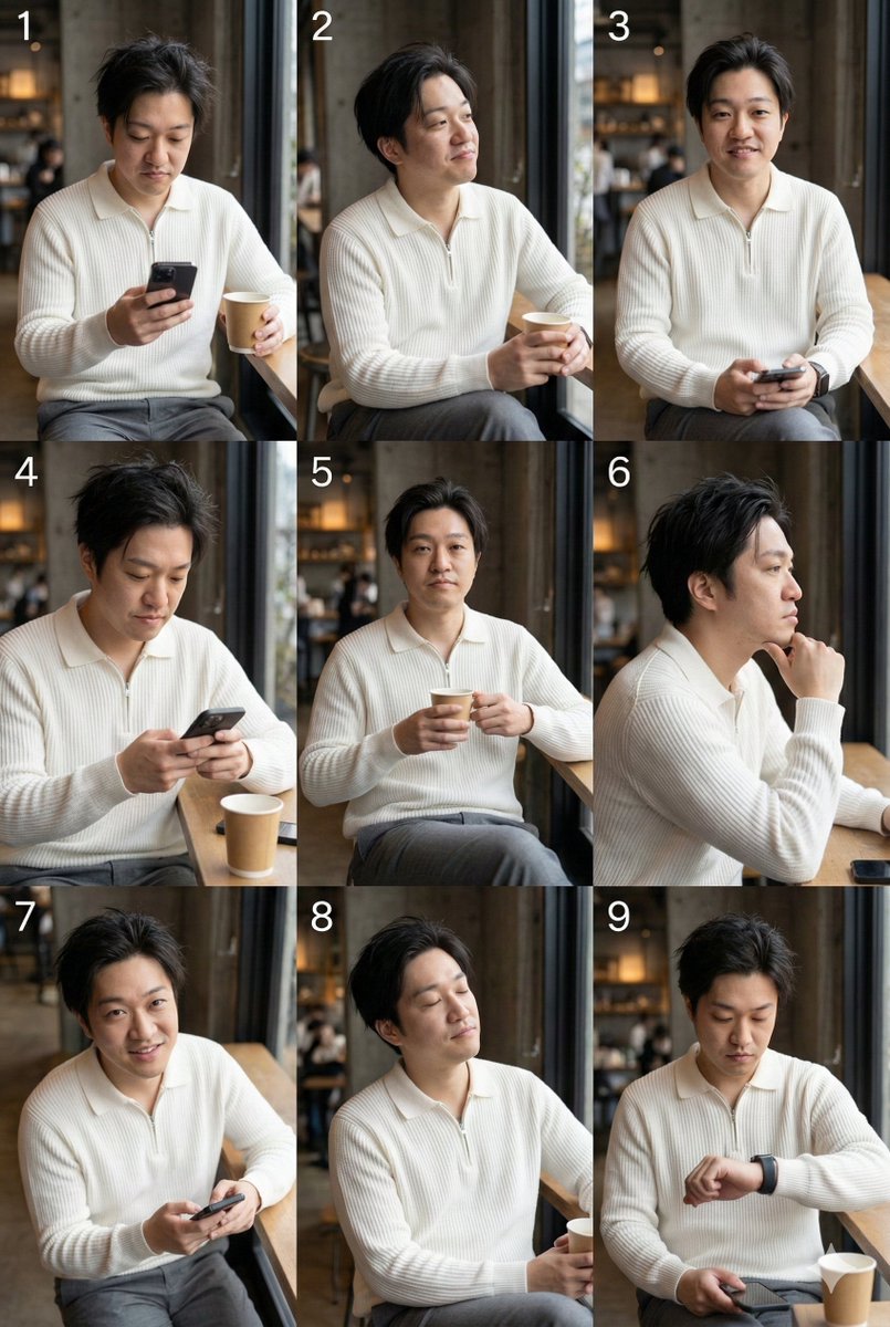 9-Panel Grid Layout for Portrait Photography with Detailed JSON Prompt example 2