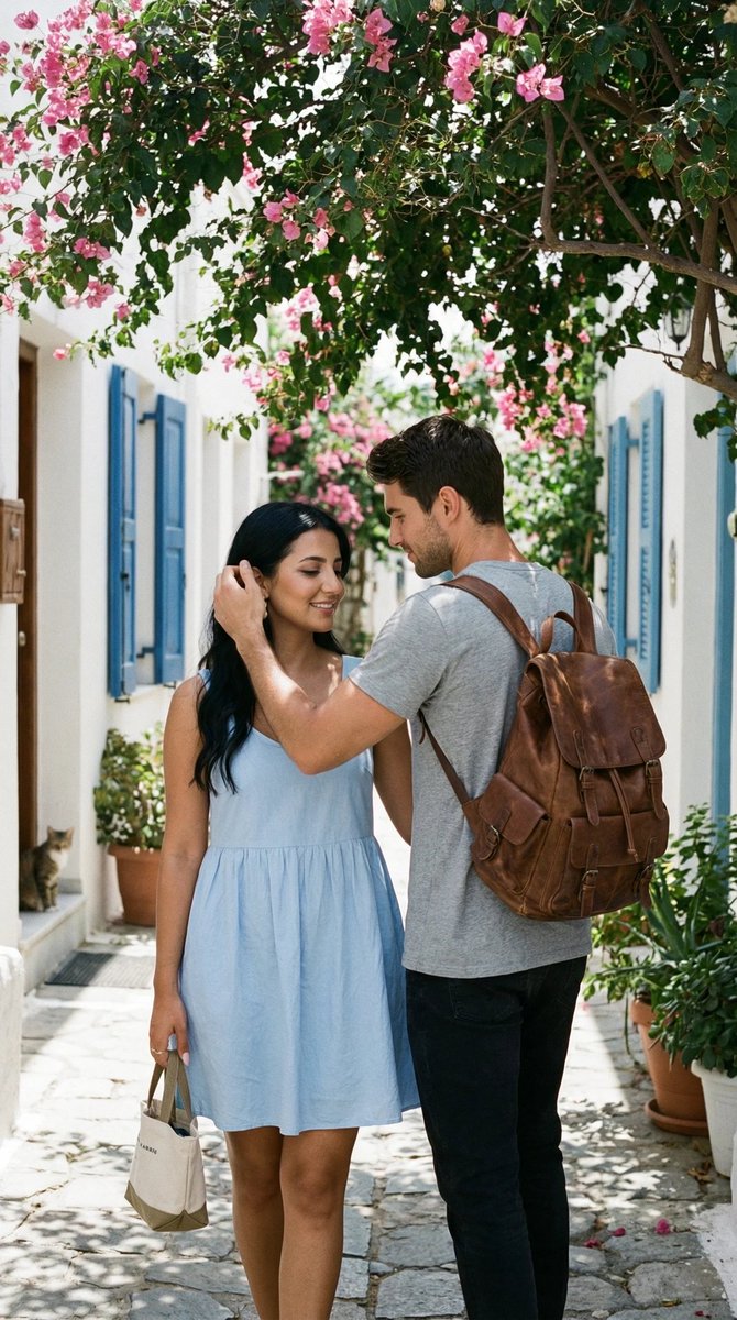 Ultra-Photorealistic Candid Travel Romance Scene: Aegean Stone Street AI image template preview