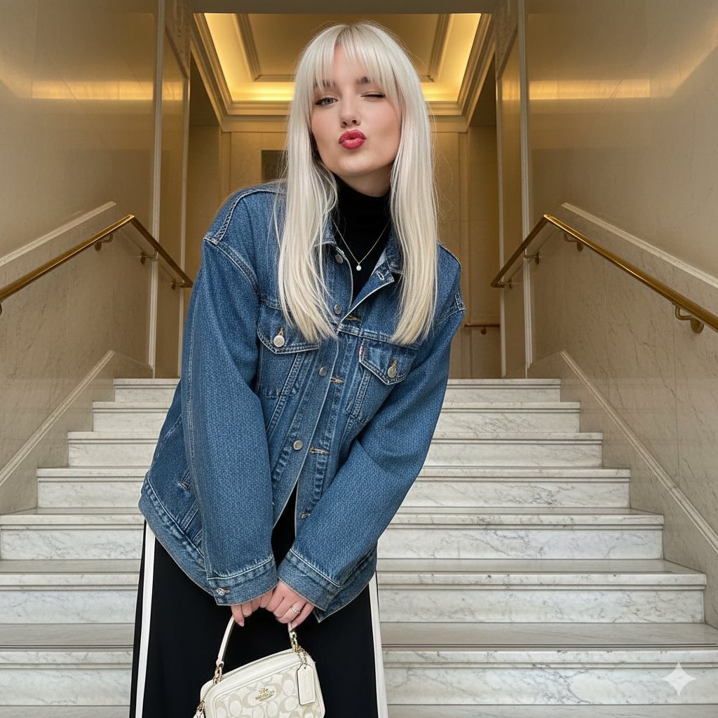 Playful Duck-Face Selfie on Marble Stairs AI image template preview