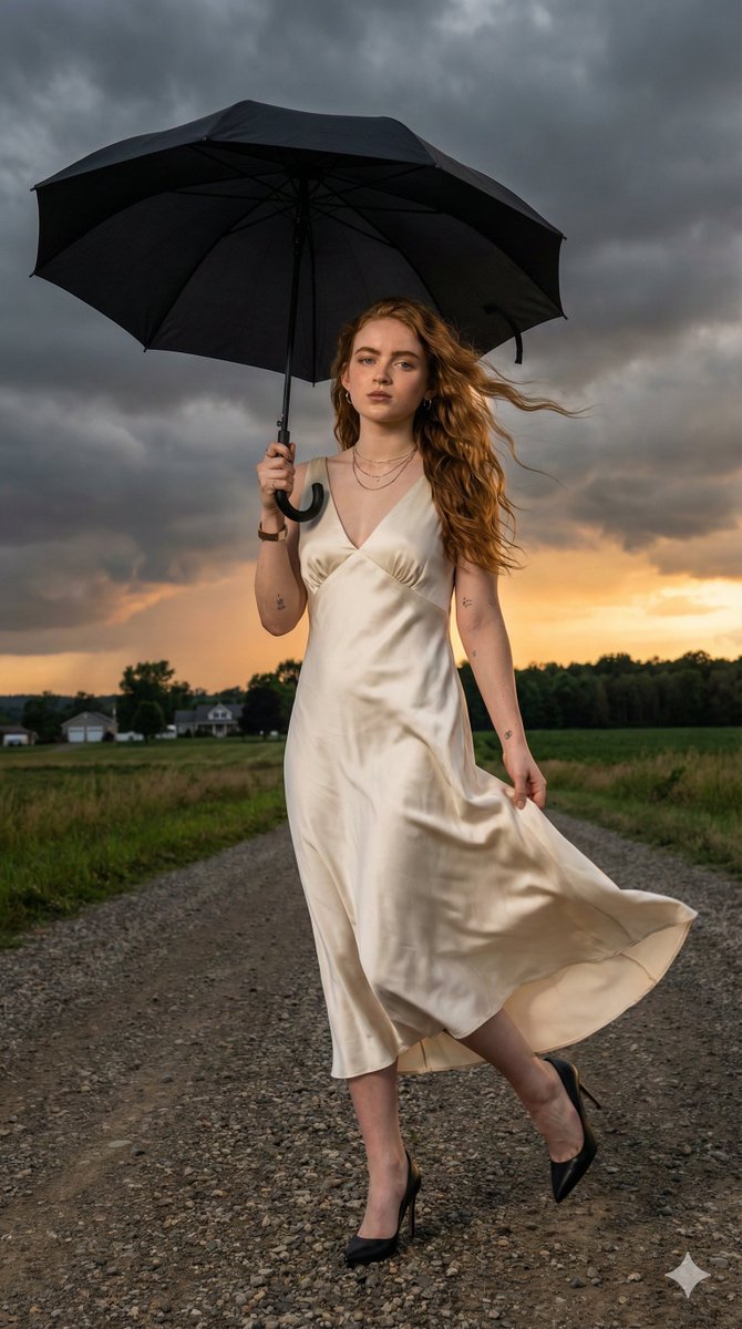 Sadie Sink Cinematic Stormy Sunset Portrait AI image template preview