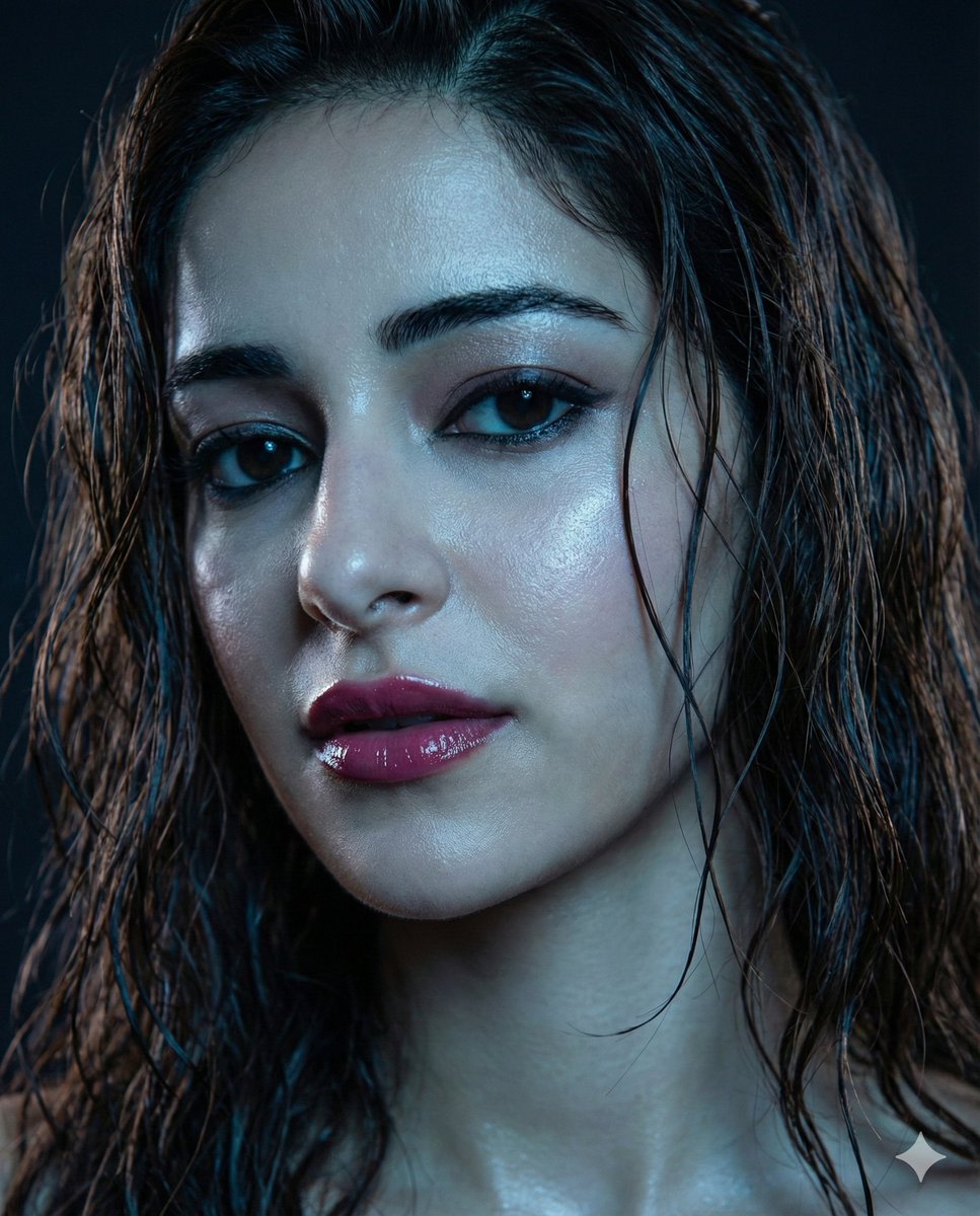 Moody Close-up Portrait with Wet Hair and Cool Lighting AI image template preview