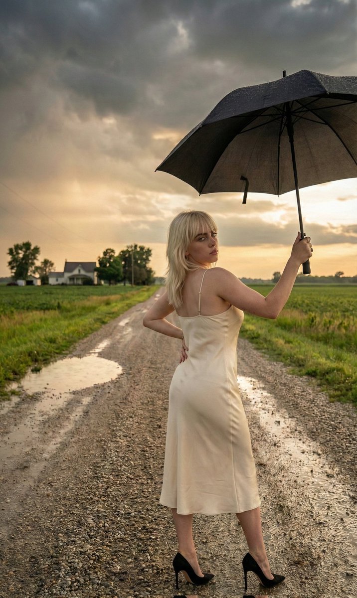 Cinematic Portrait of Sabrina Carpenter in a Stormy Rural Setting AI image template preview