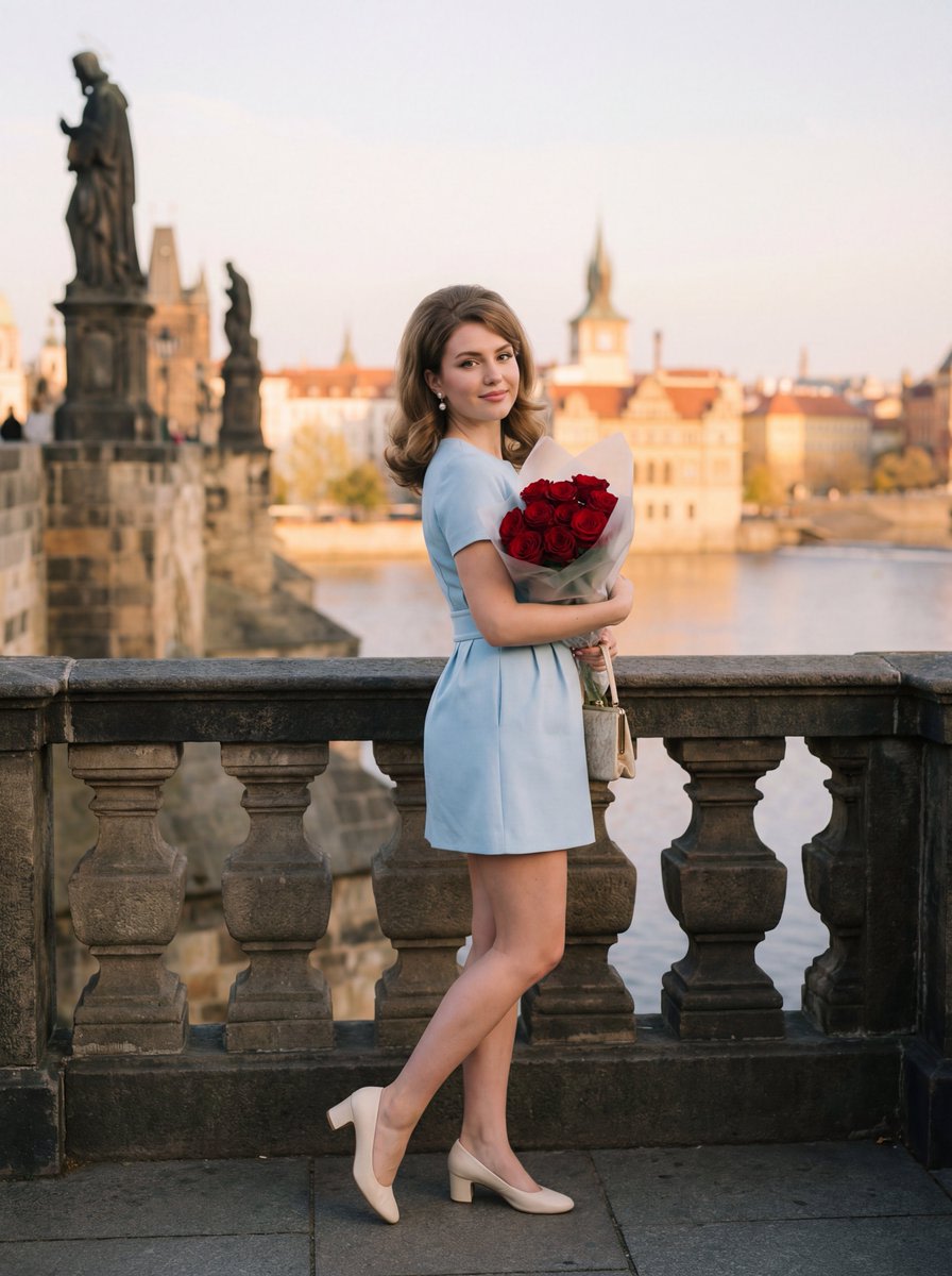 Editorial Photograph of Woman with Roses in Prague (JSON) AI image template preview