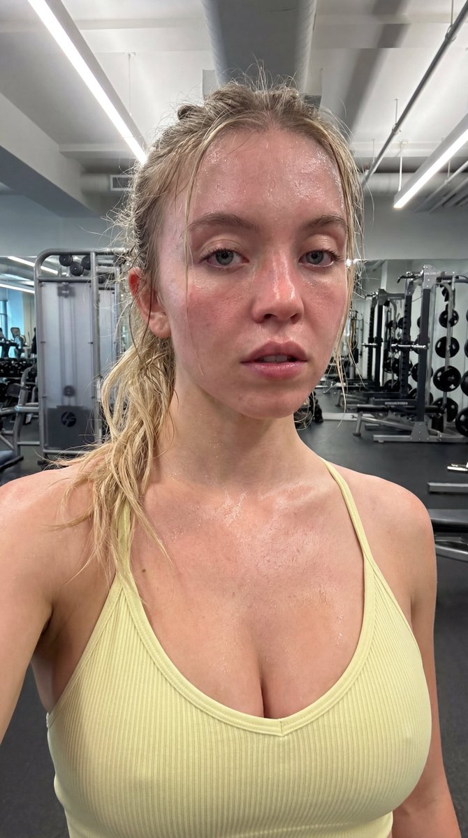 Photorealistic Post-Workout Selfie Prompt (Sydney Sweeney Likeness) AI image template preview