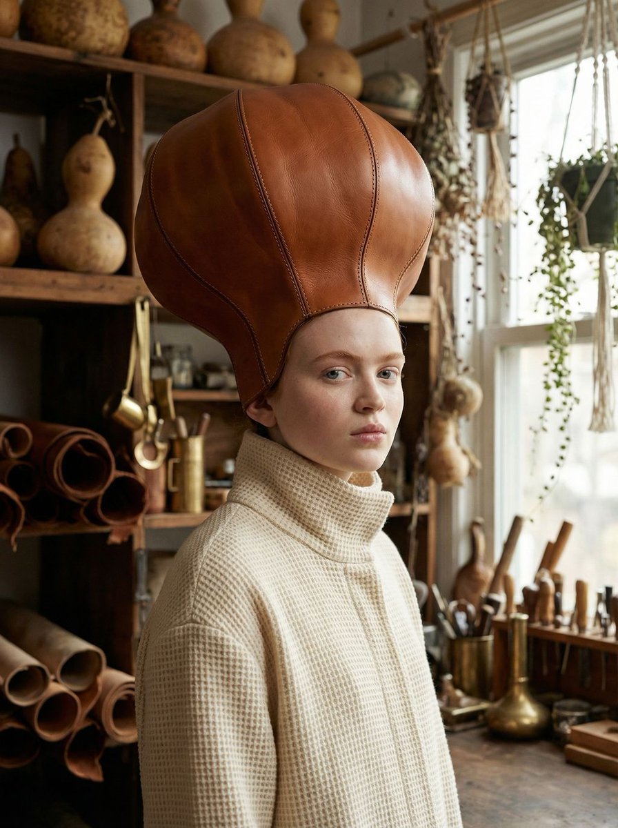 Avant-Garde Fashion Portrait with Leather Headpiece (JSON) AI image template preview