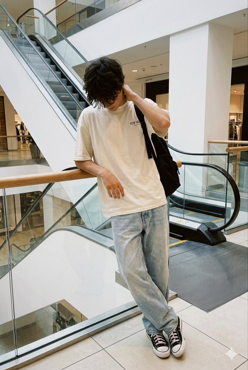 Realistic candid smartphone photo of a subject standing by an escalator in a mall AI image template preview