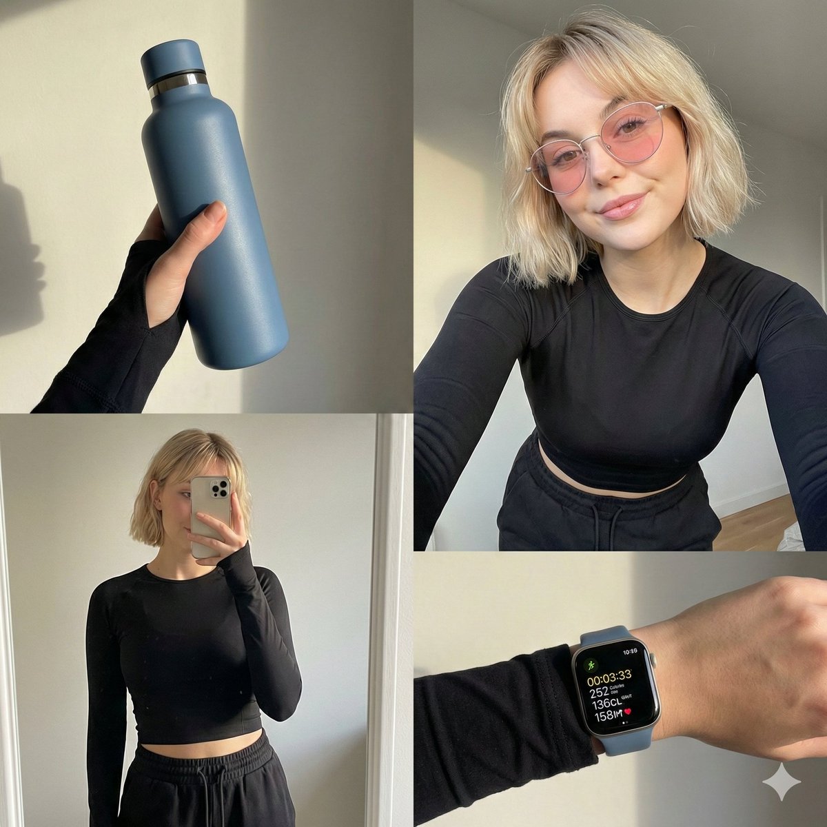 Four-grid lifestyle collage of an Asian woman in activewear, post-workout AI image template preview
