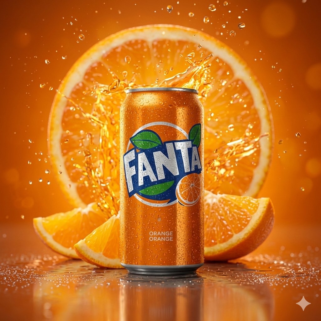 Hyper-realistic cinematic product shot of Fanta Orange can with exploding orange slices example 2