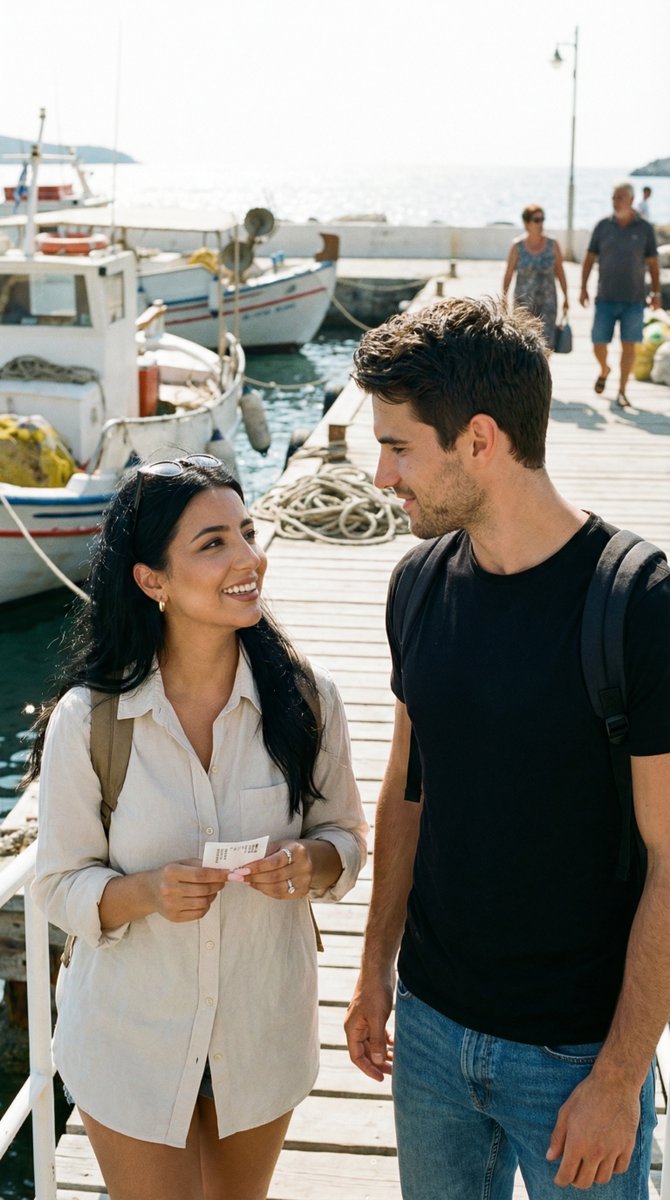 Candid Travel Romance Film Still in Aegean Harbor AI image template preview