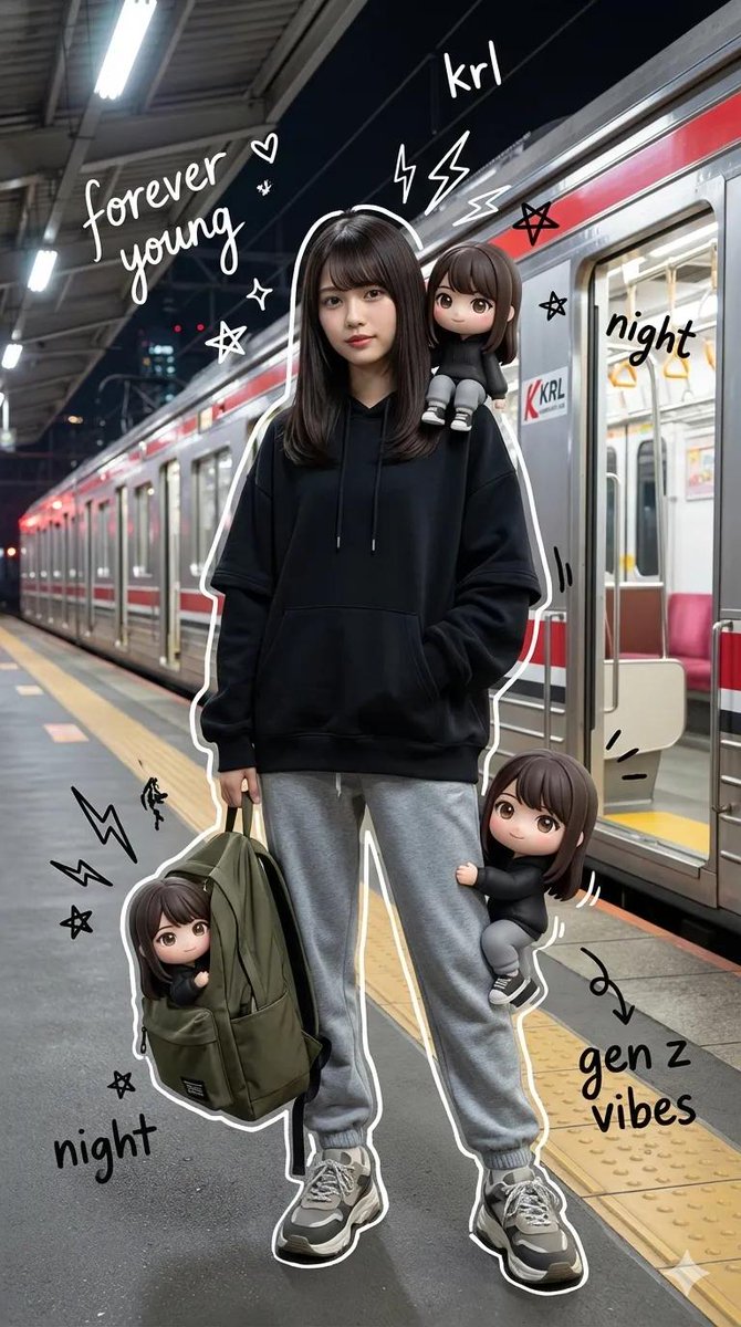 Mixed-Media Portrait with Chibi Overlays at Night Train Station AI image template preview