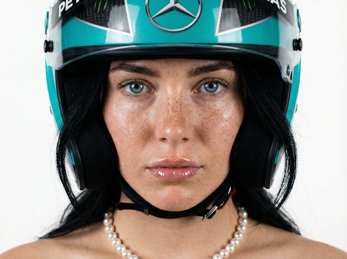 F1 Heiress Editorial Portrait with Racing Helmet and Pearls example 2