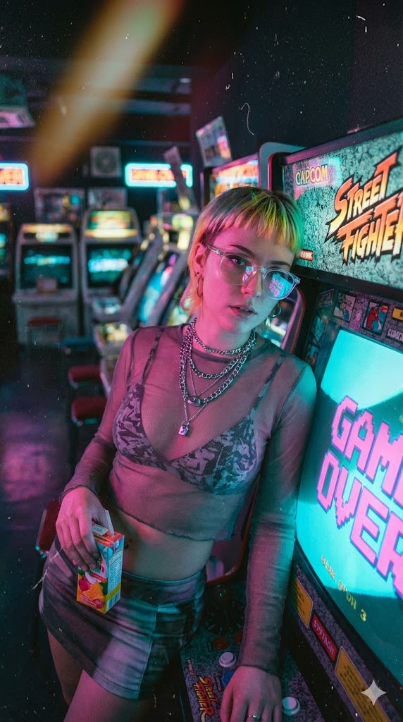 Retro-Futuristic Arcade Photography Portrait AI image template preview