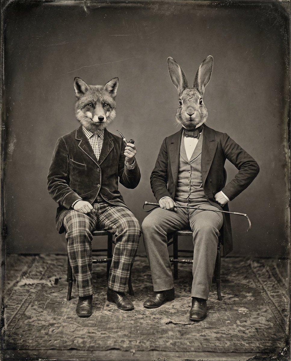 Vintage Sepia-Toned Portrait with Animal Heads AI image template preview
