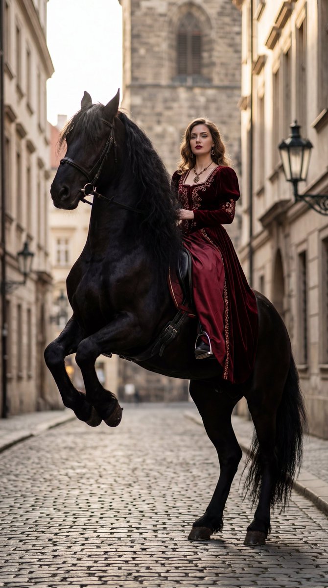 High-Fashion Horseback Portrait on Vintage Street AI image template preview