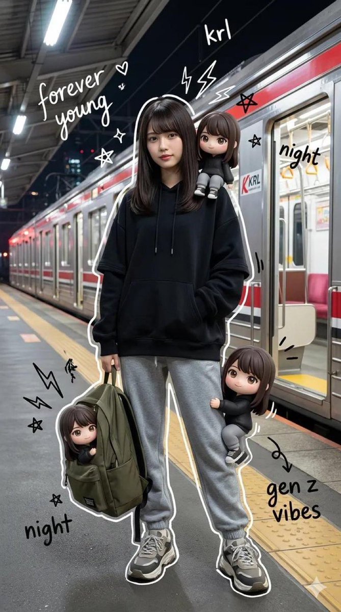 Mixed-Media Portrait of Gen Z Teenager with Chibi Clones AI image template preview