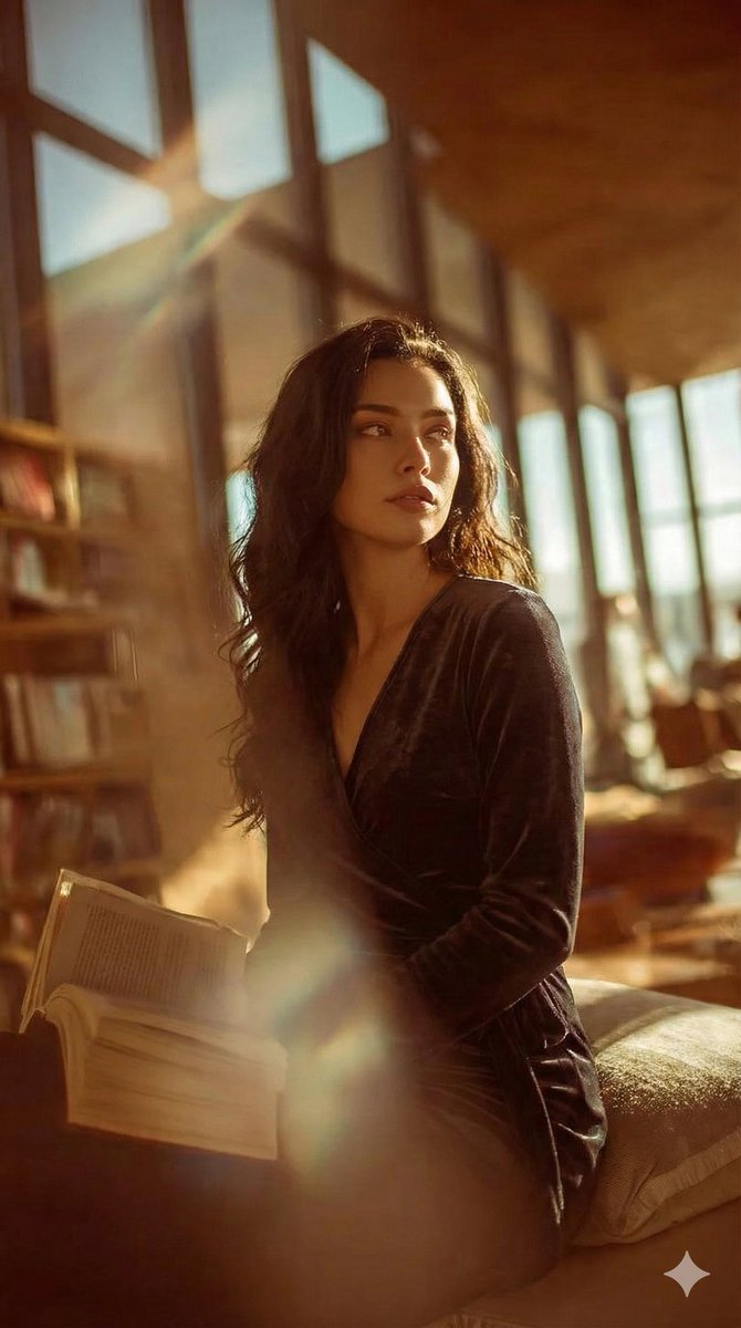 Cinematic Realism Portrait in a Library Loft AI image template preview