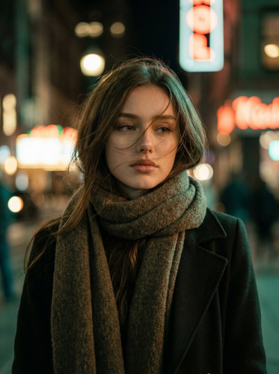 Cinematic Night Portrait of a Young Woman AI image template preview