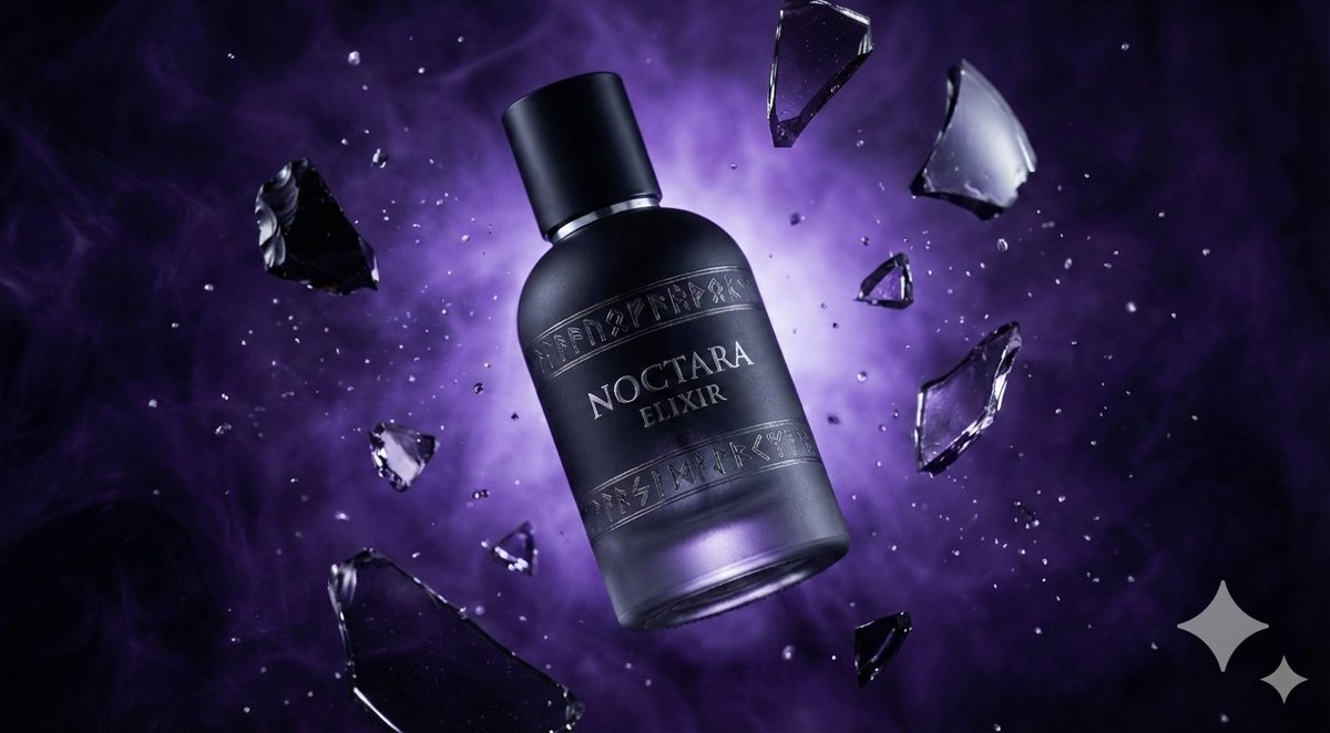 Matte Black Elixir Bottle with Purple Smoke Background AI image template preview