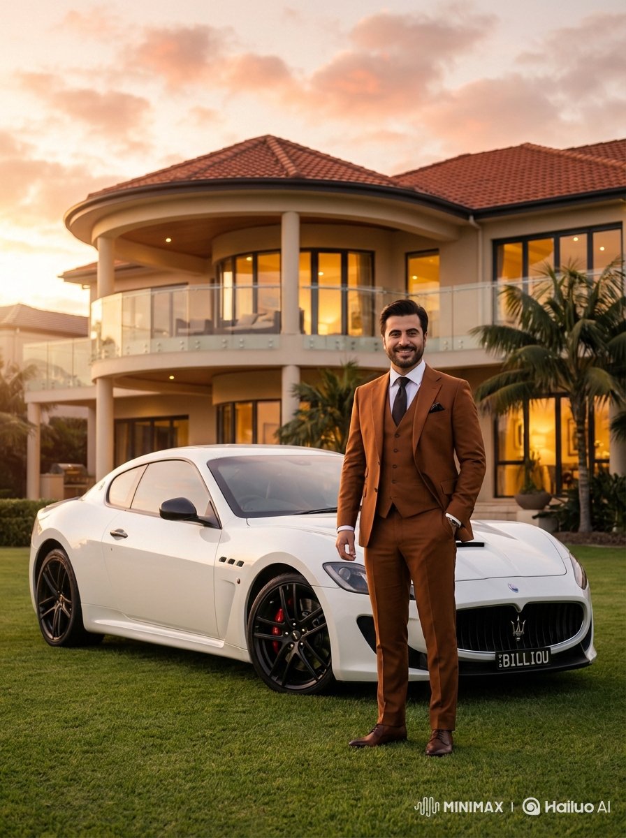 Luxurious Lifestyle Portrait with Maserati and Mansion AI image template preview