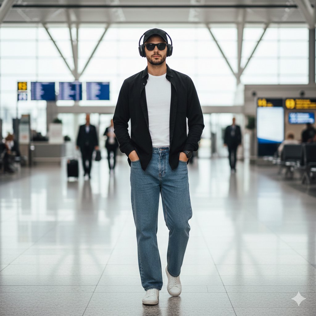 Stylish Man Walking Through Airport Terminal AI image template preview