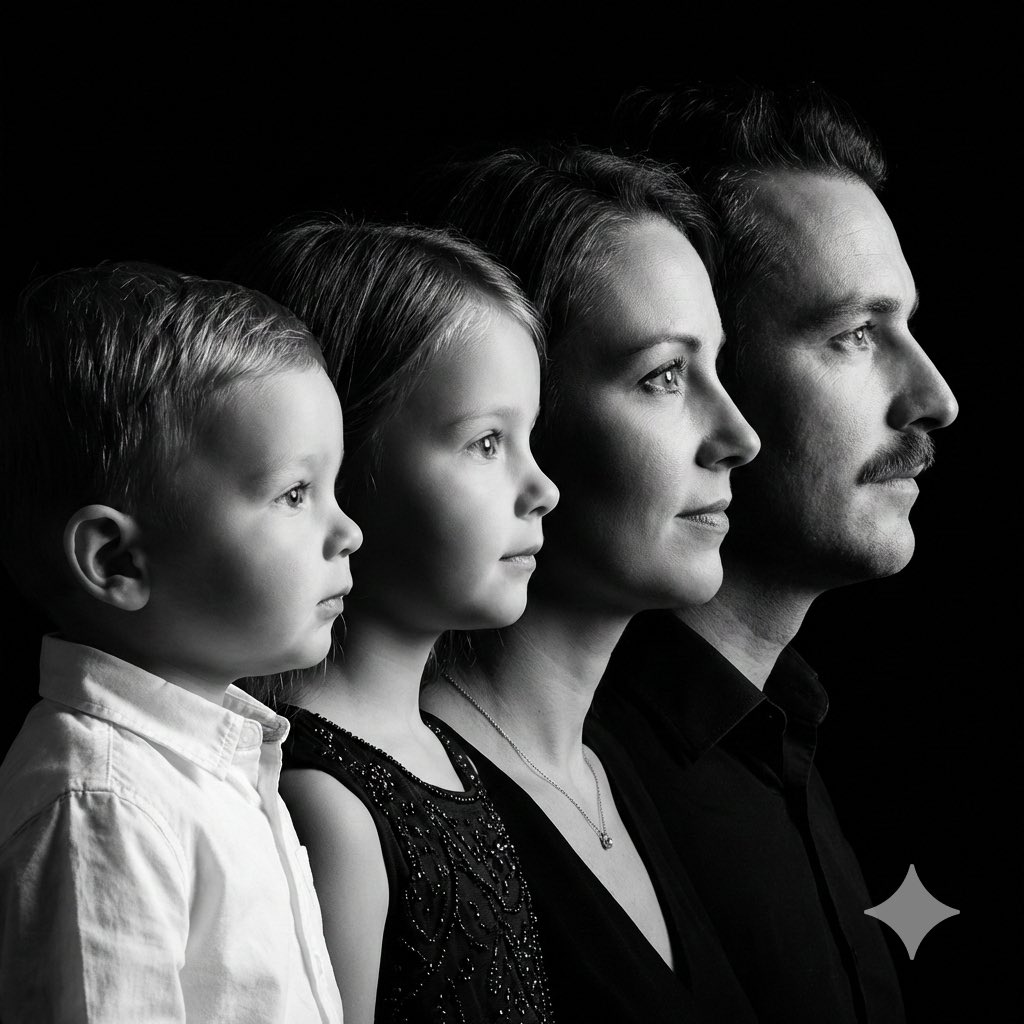 High-Contrast Black and White Family Studio Portrait AI image template preview