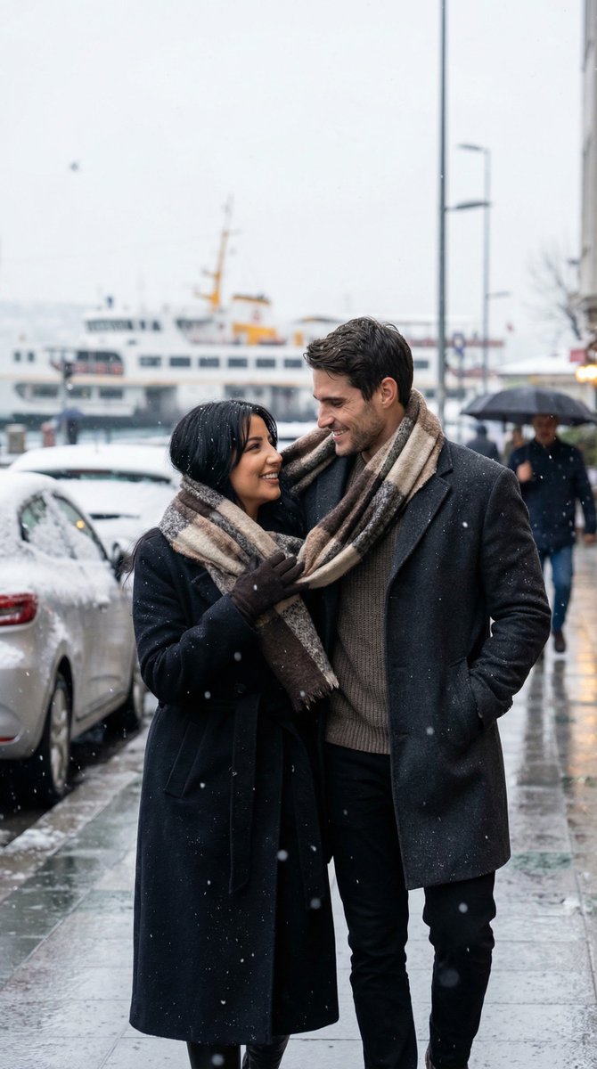 Photoreal Candid Street Romance in Winter Snow AI image template preview