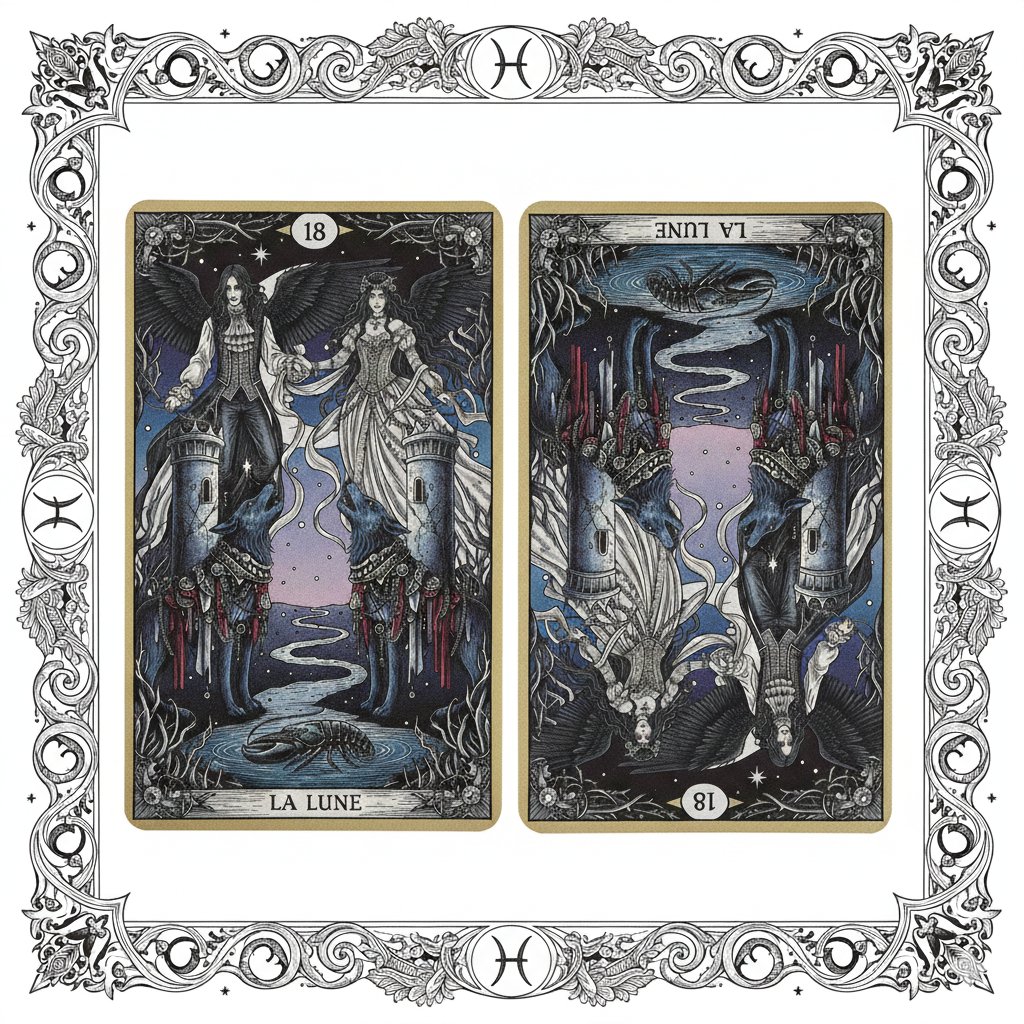Nano Banana Pro Prompt: Tarot Card 18 (The Moon) with Mális Mizer and Pisces AI image template preview
