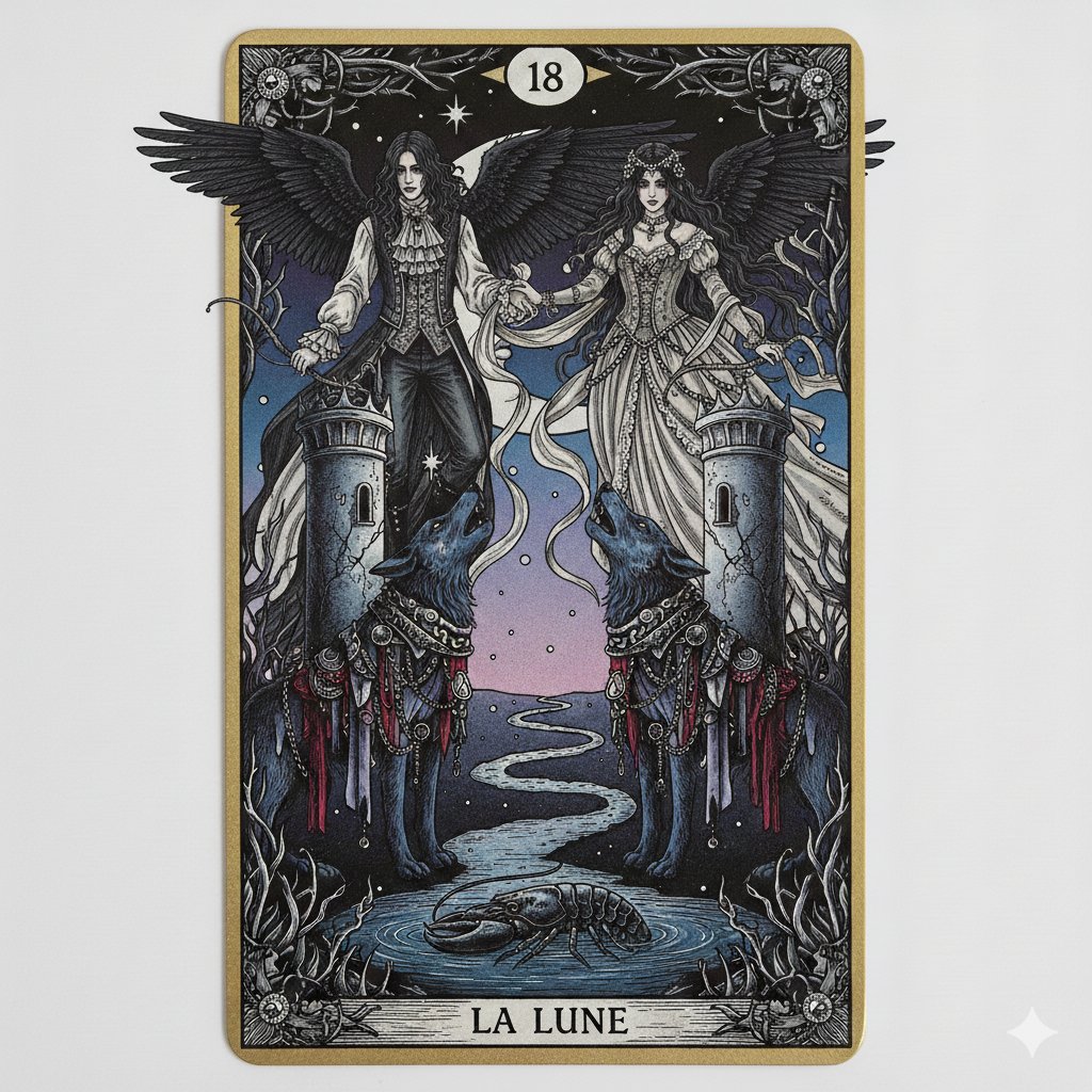 Nano Banana Pro Prompt: Tarot Card 18 (The Moon) with Mális Mizer and Pisces example 3