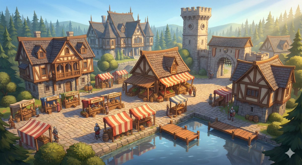 Cinematic Stylized Medieval Market Day AI image template preview