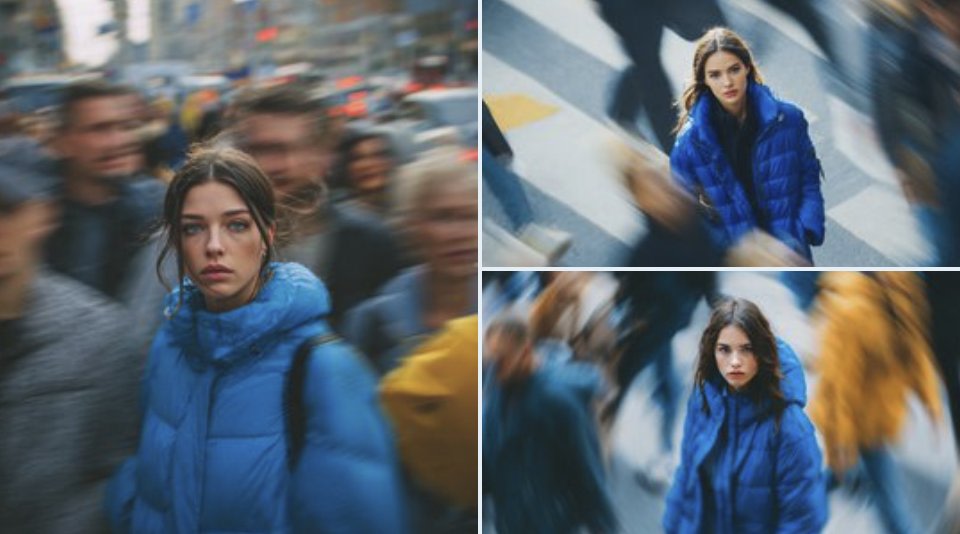 Cinematic Street Portrait of Woman in Puffer Jacket (3 Variations) AI image template preview