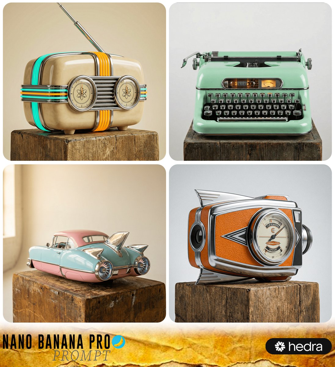 Retro-Futuristic Product Photography Prompt AI image template preview