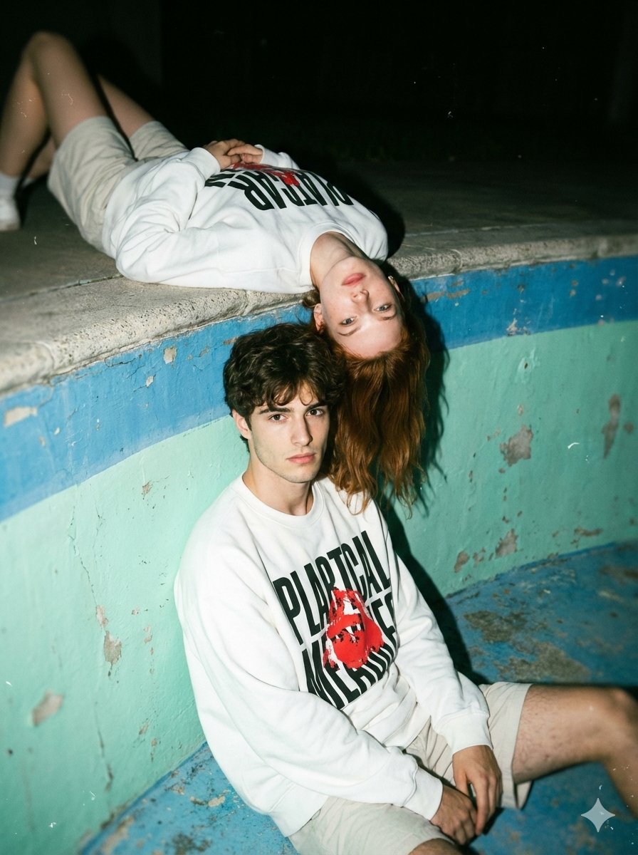 Streetwear Couple Film Shoot Prompt (Empty Pool) AI image template preview