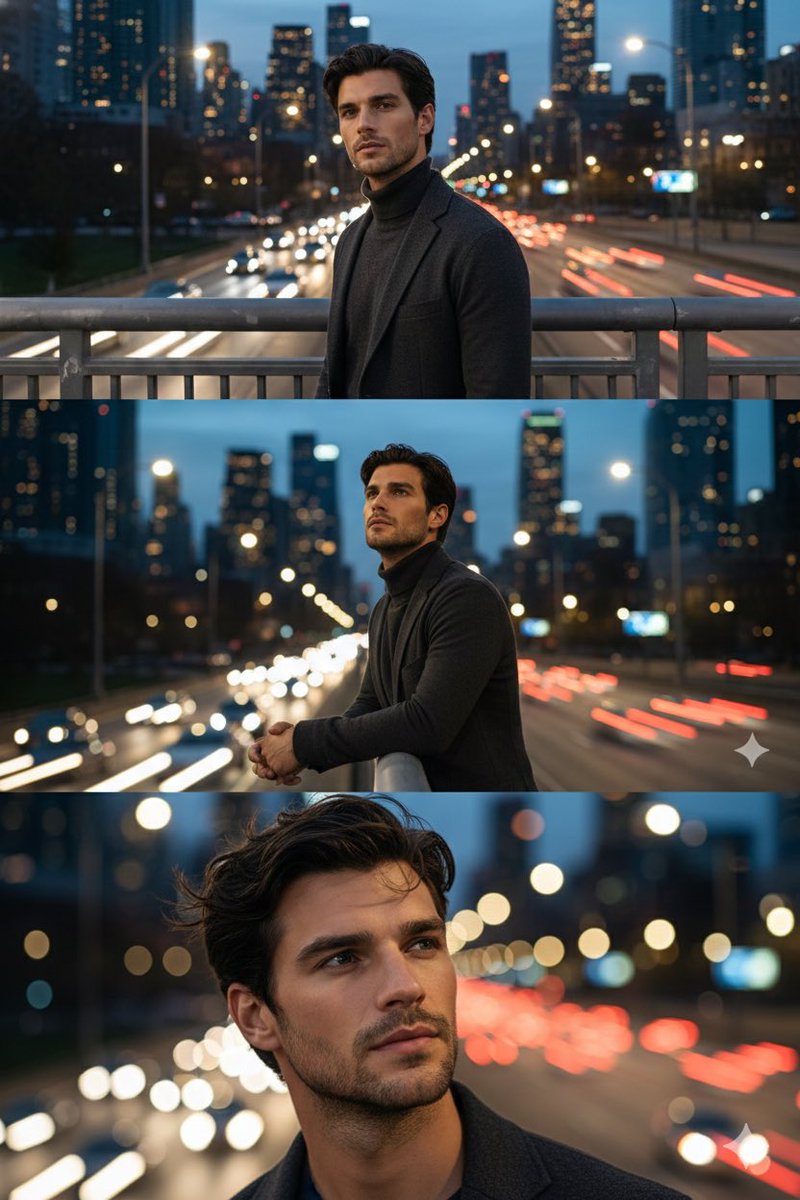 Cinematic Triptych Portrait on a Night Bridge AI image template preview
