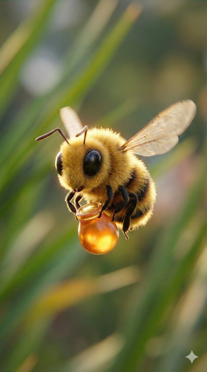 Macro Render of Fuzzy Bee Character with Honey Droplet AI image template preview