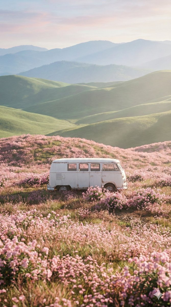 Cinematic Landscape of Minimalist Van in Pink Flower Fields AI image template preview