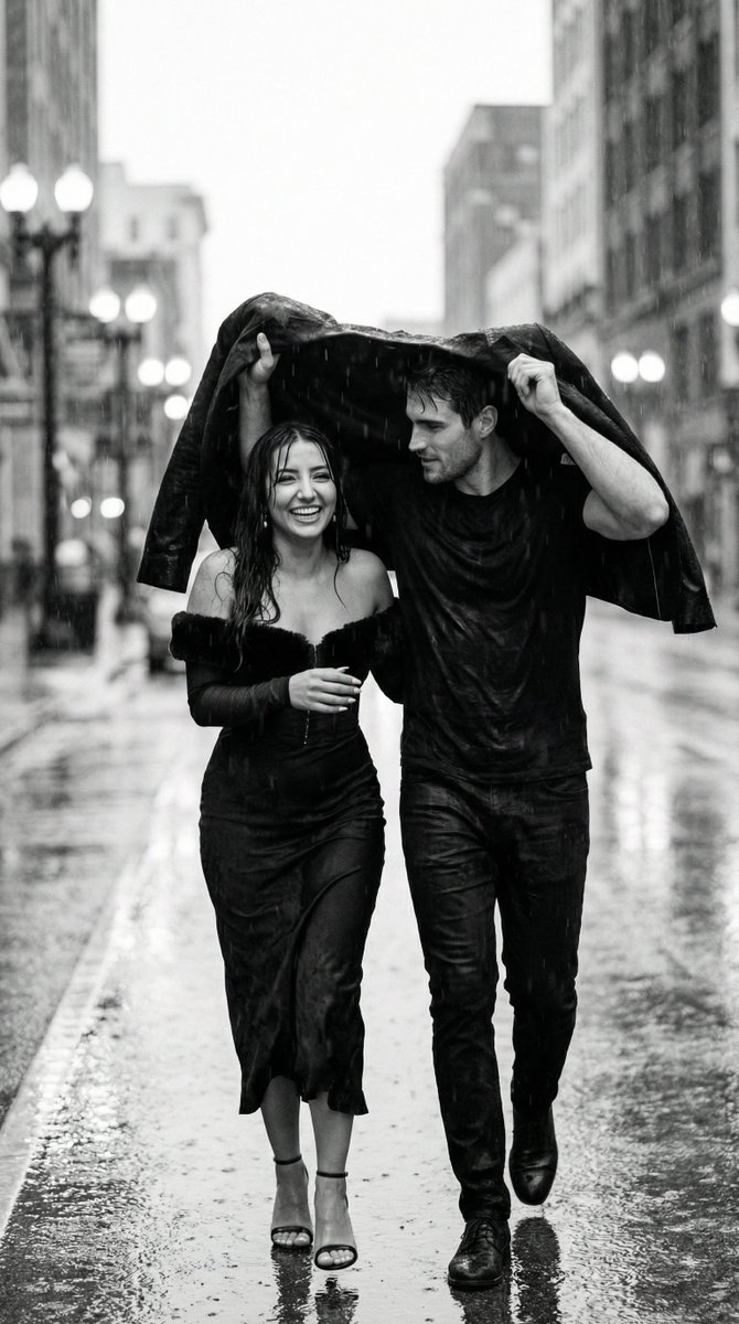 Black and White Documentary Couple in Rain (Image-to-Image) AI image template preview