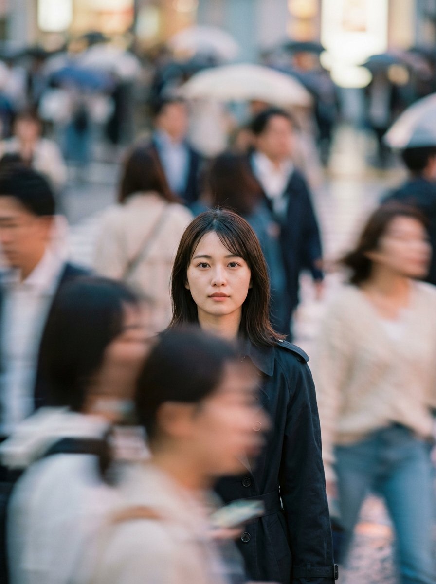 Cinematic Portrait Prompt: Focus in a Crowd AI image template preview