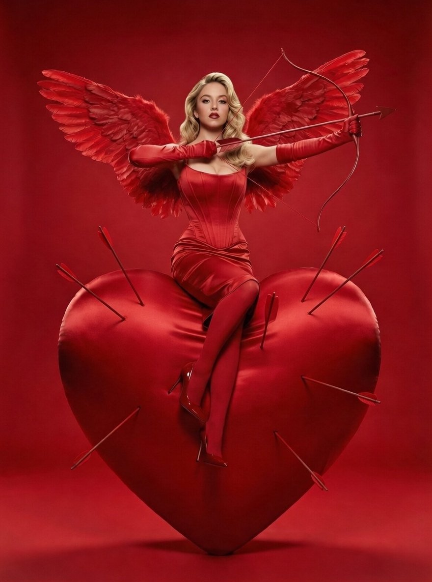 Ultra-Realistic Red Cupid High-Fashion Editorial AI image template preview