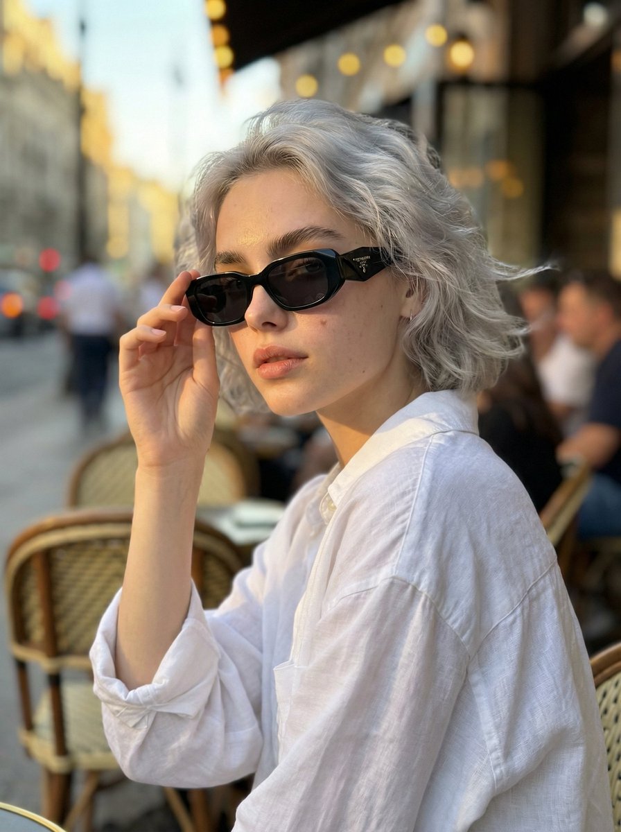 Photorealistic Portrait Prompt of a Woman at a European Café AI image template preview