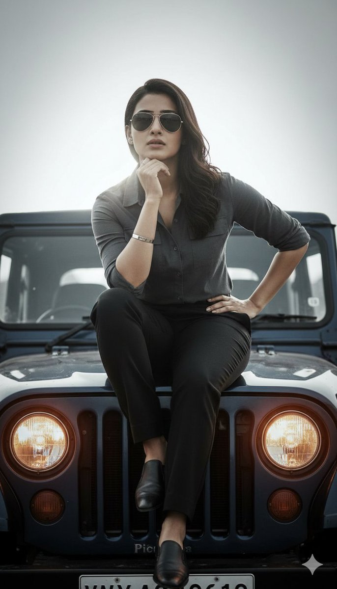 Hyper-Realistic Cinematic Portrait on a Jeep Hood Prompt AI image template preview