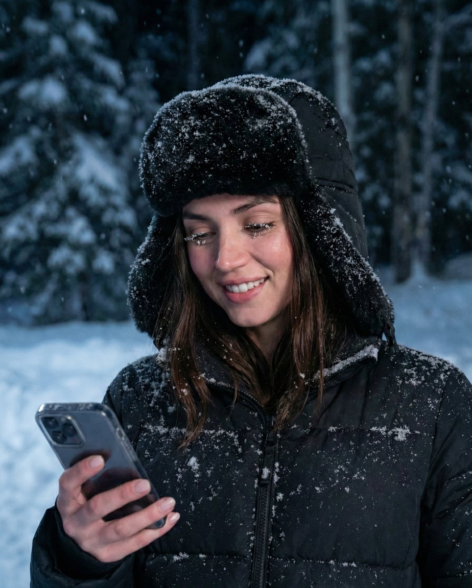Conceptual Winter Night Portrait with Smartphone AI image template preview