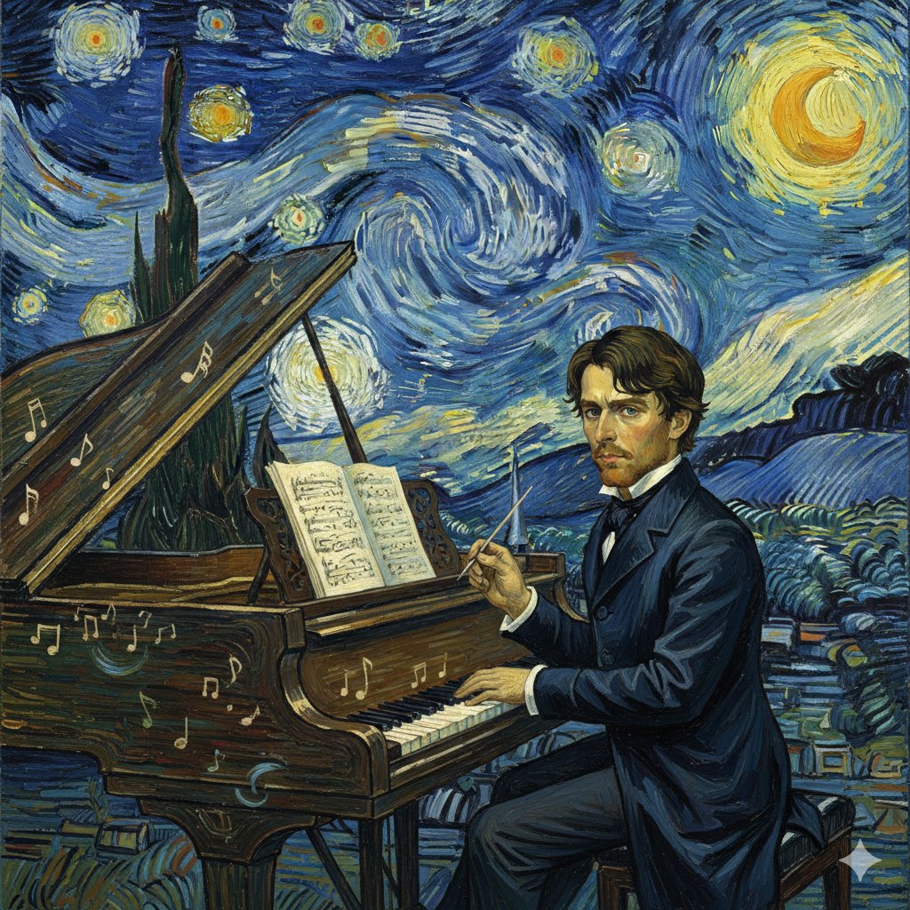 Chopin in Van Gogh's Starry Night Style Prompt AI image template preview