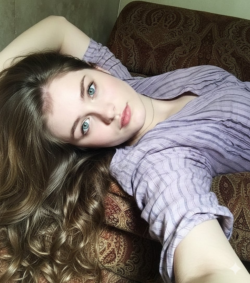 8K Photorealistic Close-Up Selfie Prompt on Ornate Couch AI image template preview