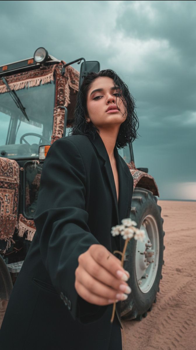 Cinematic Close-up of Man in Tractor Holding Wildflower AI image template preview