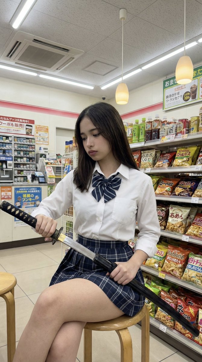 Japanese Konbini Portrait with Katana AI image template preview
