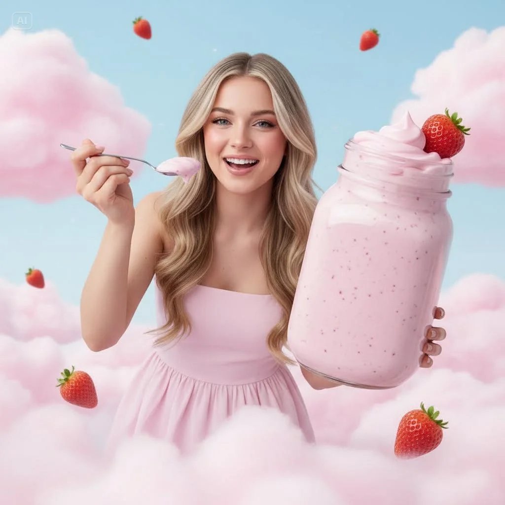 Surreal Strawberry Yogurt Commercial Scene AI image template preview