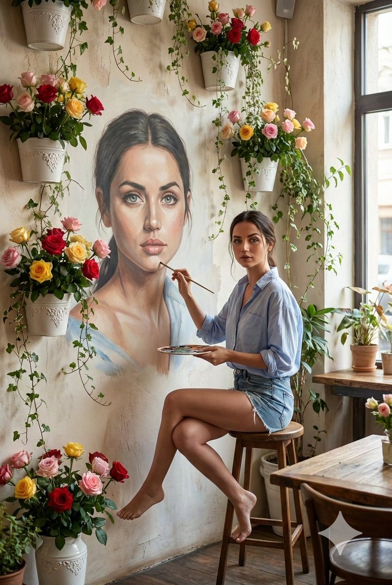 Ana de Armas Painting a Realistic Mural of Herself AI image template preview