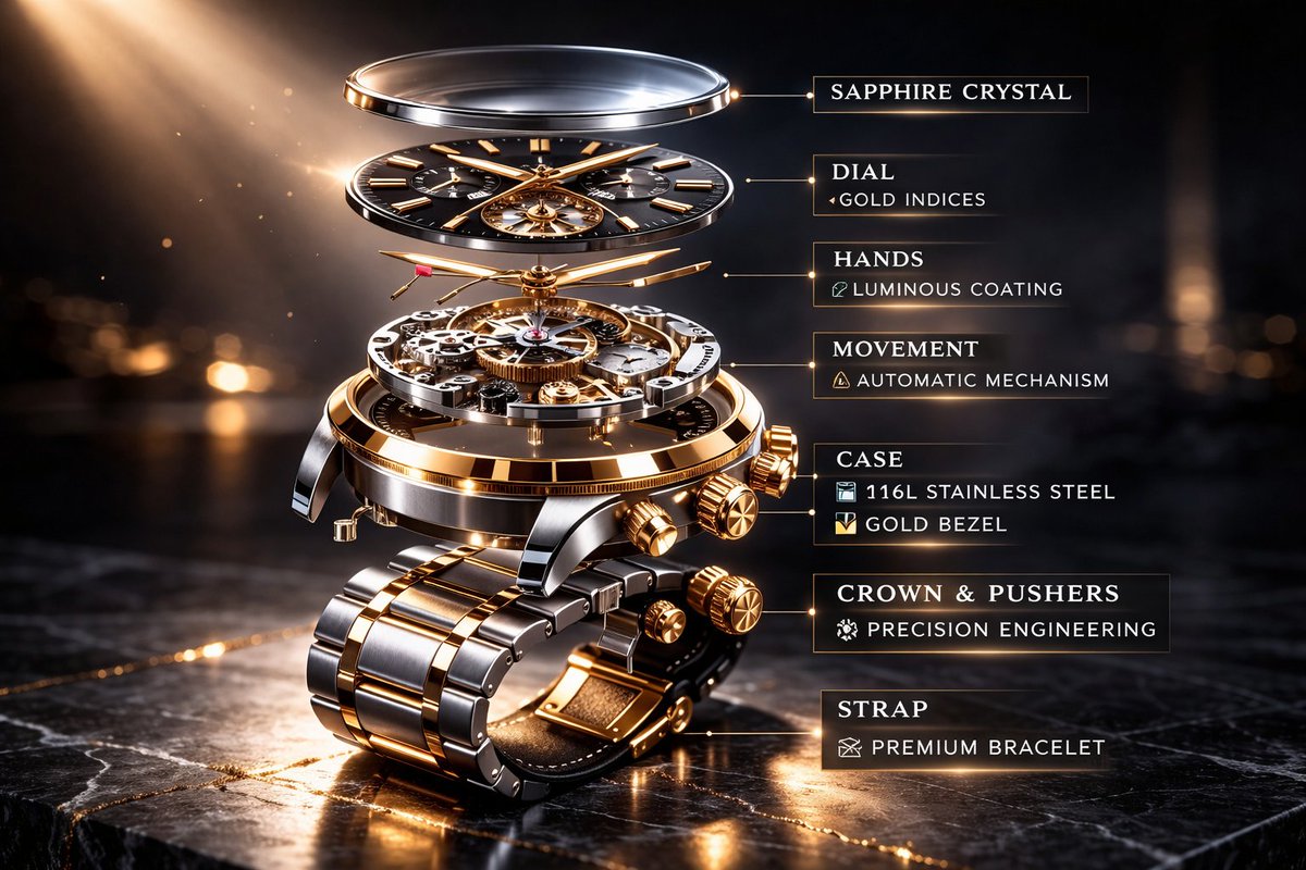 Luxury Mechanical Watch Commercial Photography Prompt AI image template preview